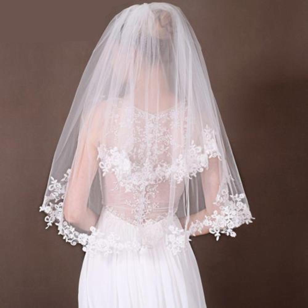 white/ivory Two Layers Elbow Length Veil Applique Lace Soft Tulle wedding veil bridal veils with comb Wedding Accessories