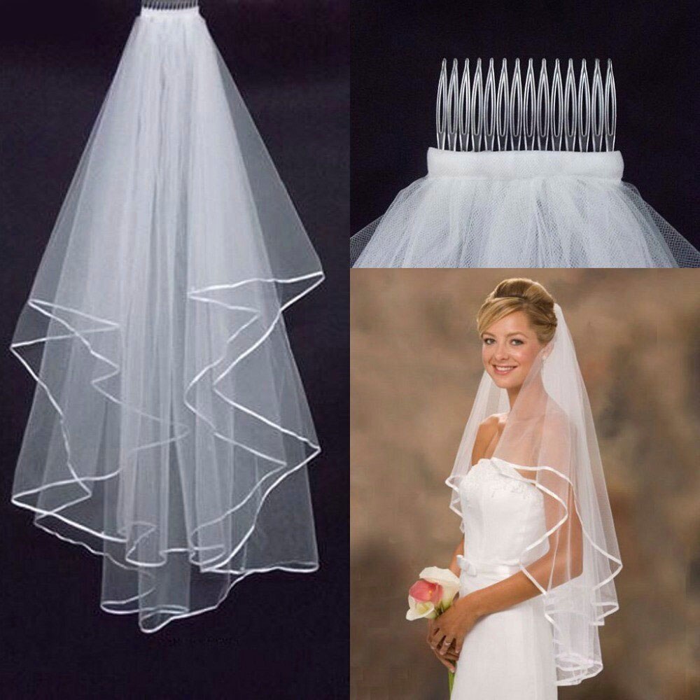 Wedding Simple Tulle White Ivory Two Layers Bridal Veils Ribbon Edge Cheap Bride Accessories 75cm Short Women Veil With Comb