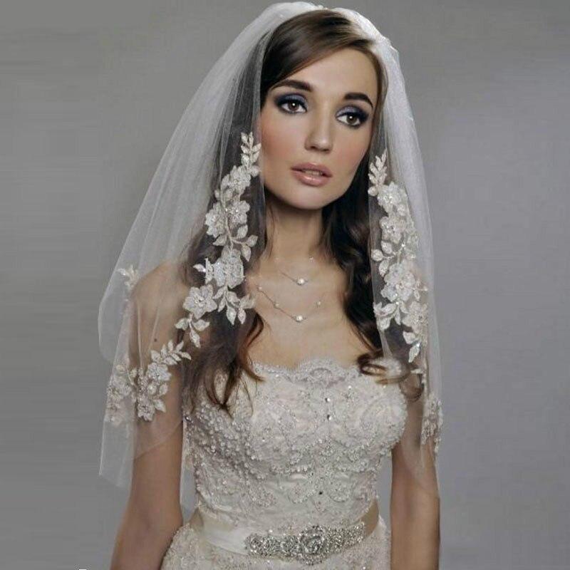 MYYBLE 2020 Short Wedding Veils with Lace Cheap Imported Silver Thread Flower Bridal Veil 2 Tier with Comb Wedding Accessories