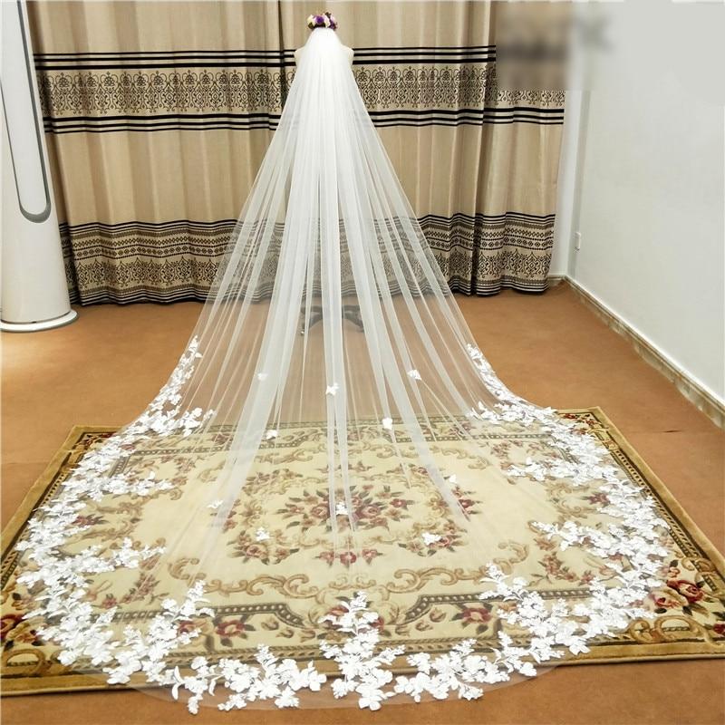 Real Photo 3m.4m.5m One Layer Wedding Veil With Comb White Lace Edge Bridal Veils Ivory Appliqued Cathedral Wedding Veil