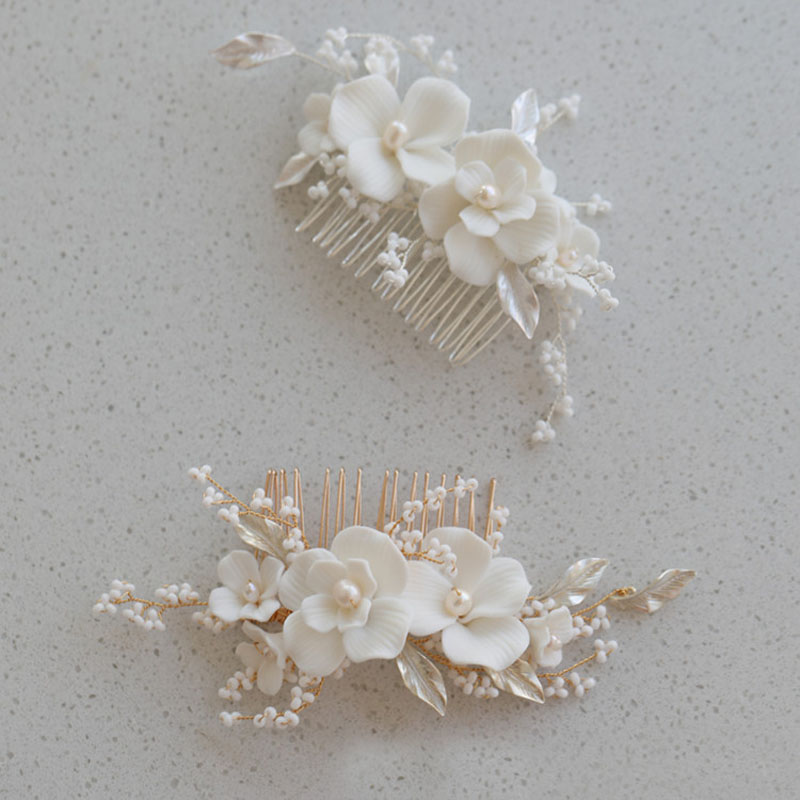 SLBRIDAL Handmade Alloy Leaf Rhinestone Ceram Flower Freshwater Pearls Bridal Hair Comb Wedding Hair Accessories Women Jewelry